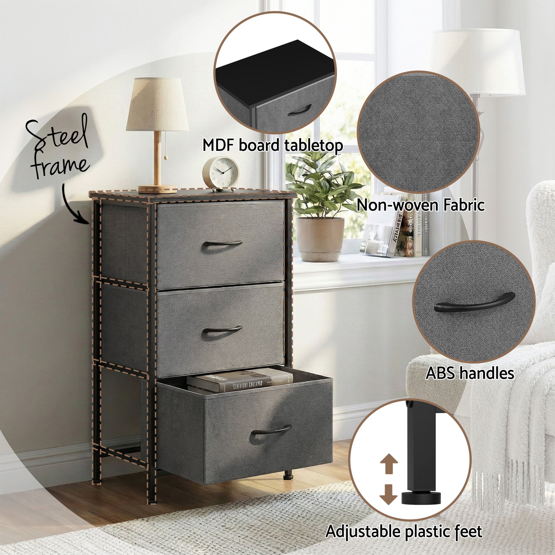 Artiss Set of 2 Chest of 3 Drawers Storage Dresser Tallboy Grey DIY-CDR-3D-GYX2