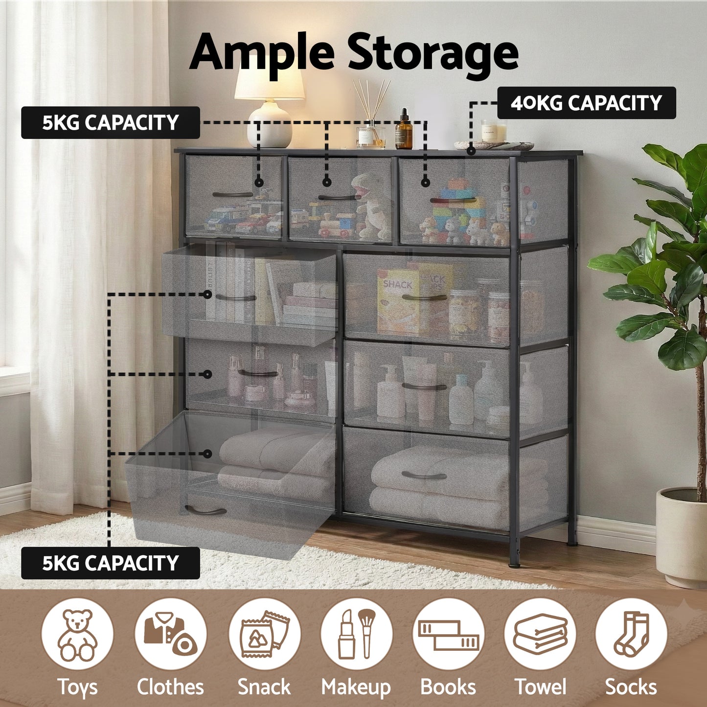 Artiss Chest of 9 Drawers Storage Dresser Tallboy Dark Grey DIY-CDR-9D-DA-GY