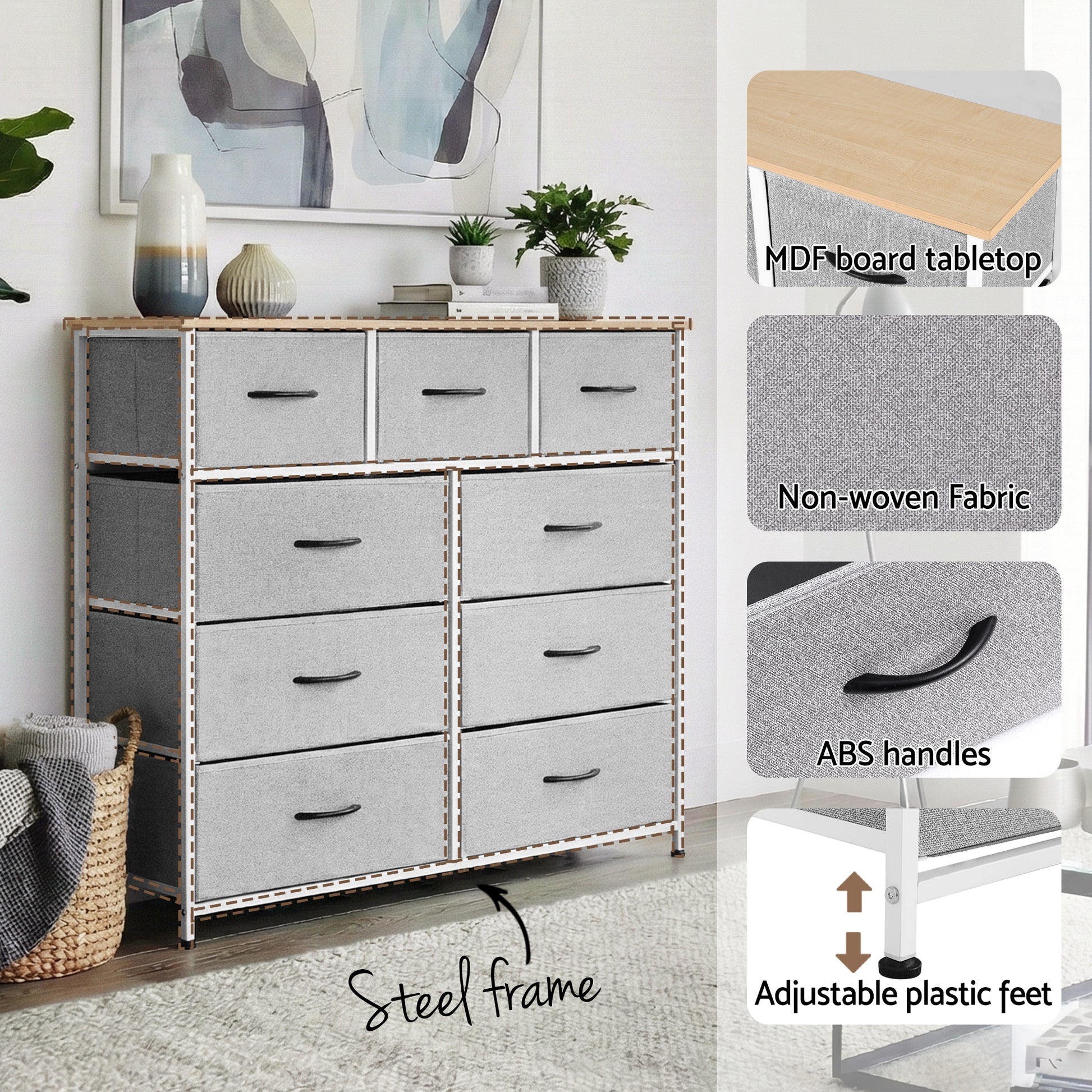 Artiss Chest of 9 Drawers Storage Dresser Tallboy Light Grey DIY-CDR-9D-LI-GY