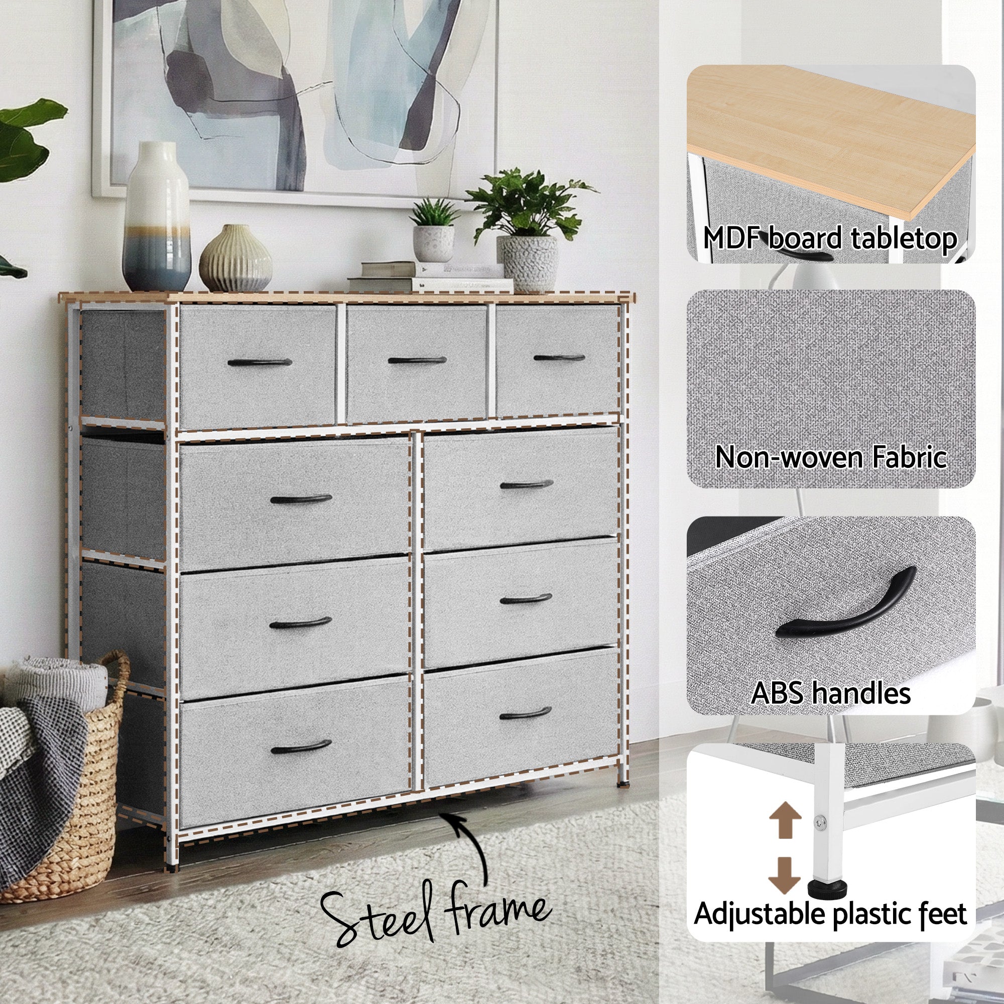 Artiss Chest of 9 Drawers Storage Dresser Tallboy Light Grey DIY-CDR-9D-LI-GY