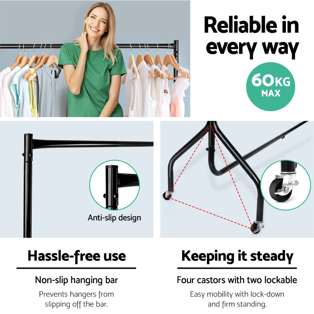Artiss Clothes Rack Airer Coat Stand 6FT Rail Wheels DIY-CR-605-BK