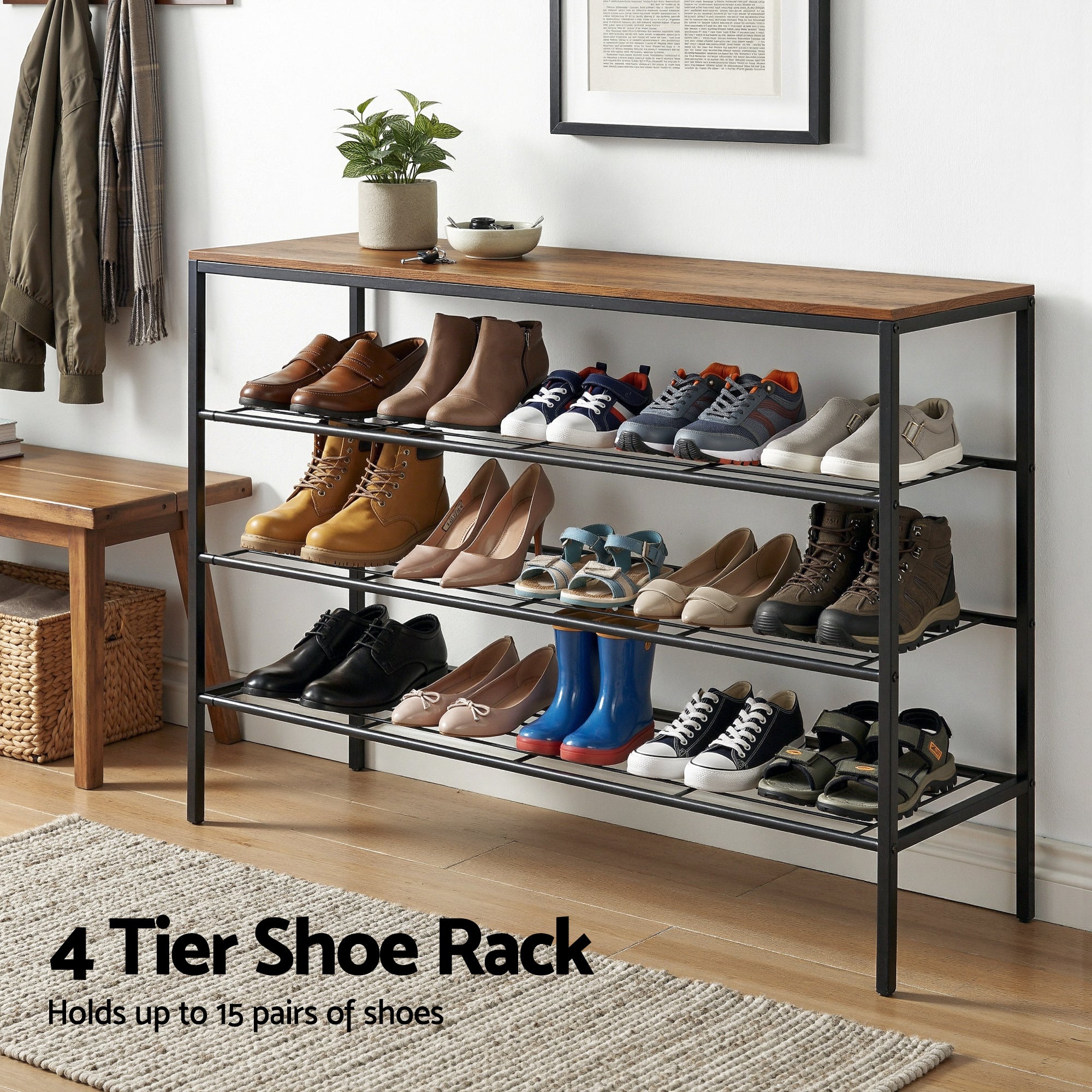 Artiss Shoe Rack 4 tier Storage Organiser Walnut DIY-SHOE-4T-BK