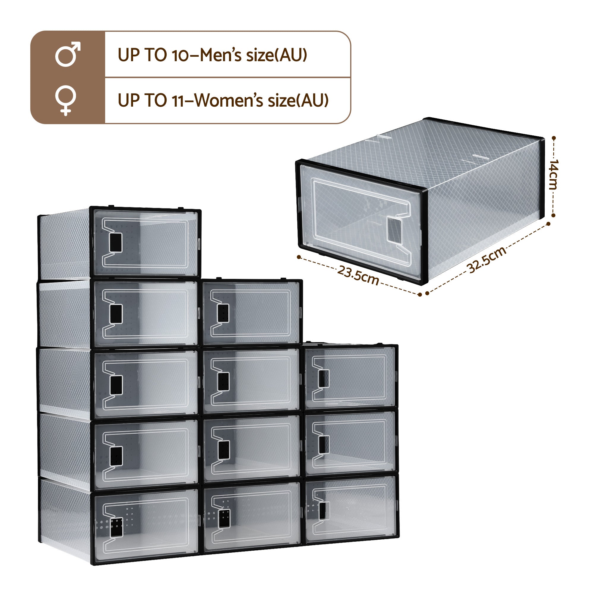 Artiss Shoe Storage Box DIY Set of 12 Stackable Black DIY-SHOE-BOX-12-BK