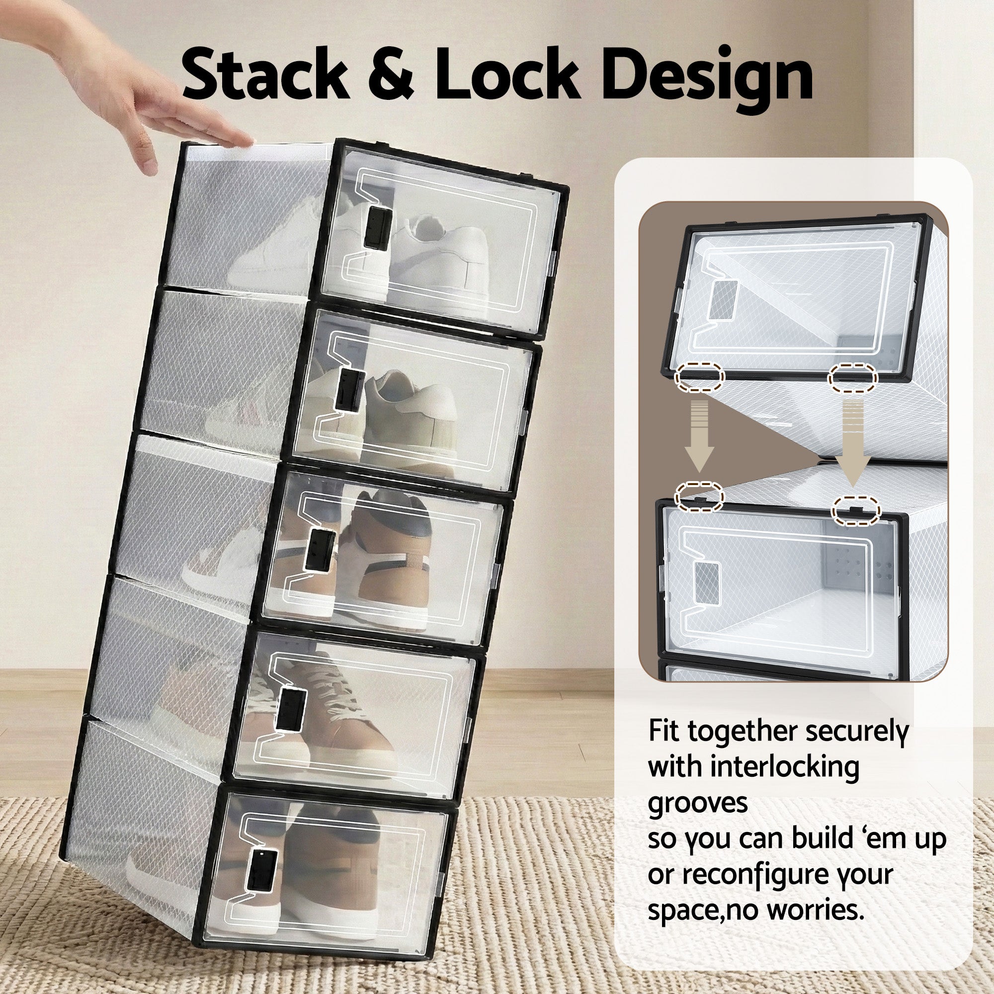 Artiss Shoe Storage Box DIY Set of 12 Stackable Black DIY-SHOE-BOX-12-BK