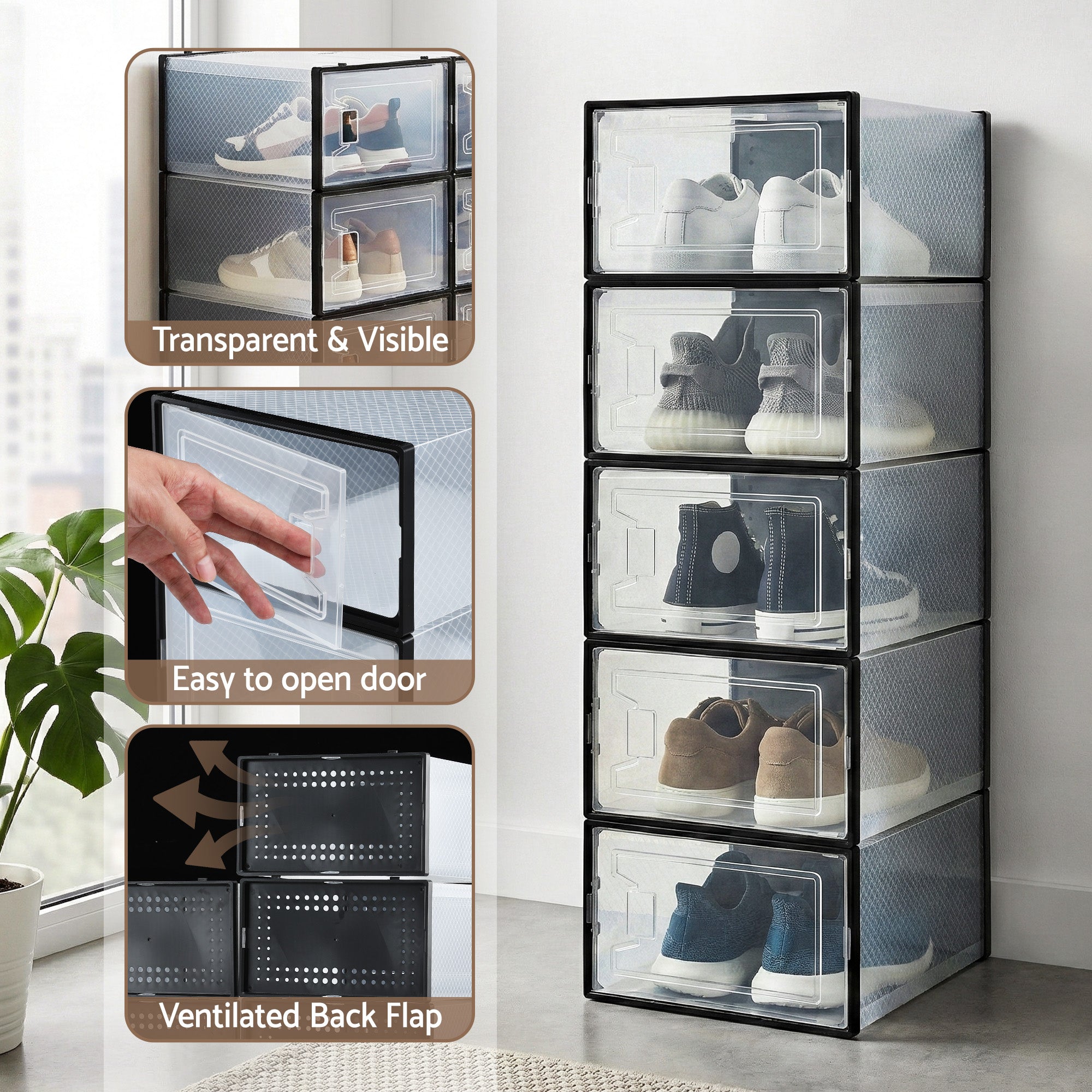 Artiss Shoe Storage Box DIY Set of 12 Stackable Black DIY-SHOE-BOX-12-BK