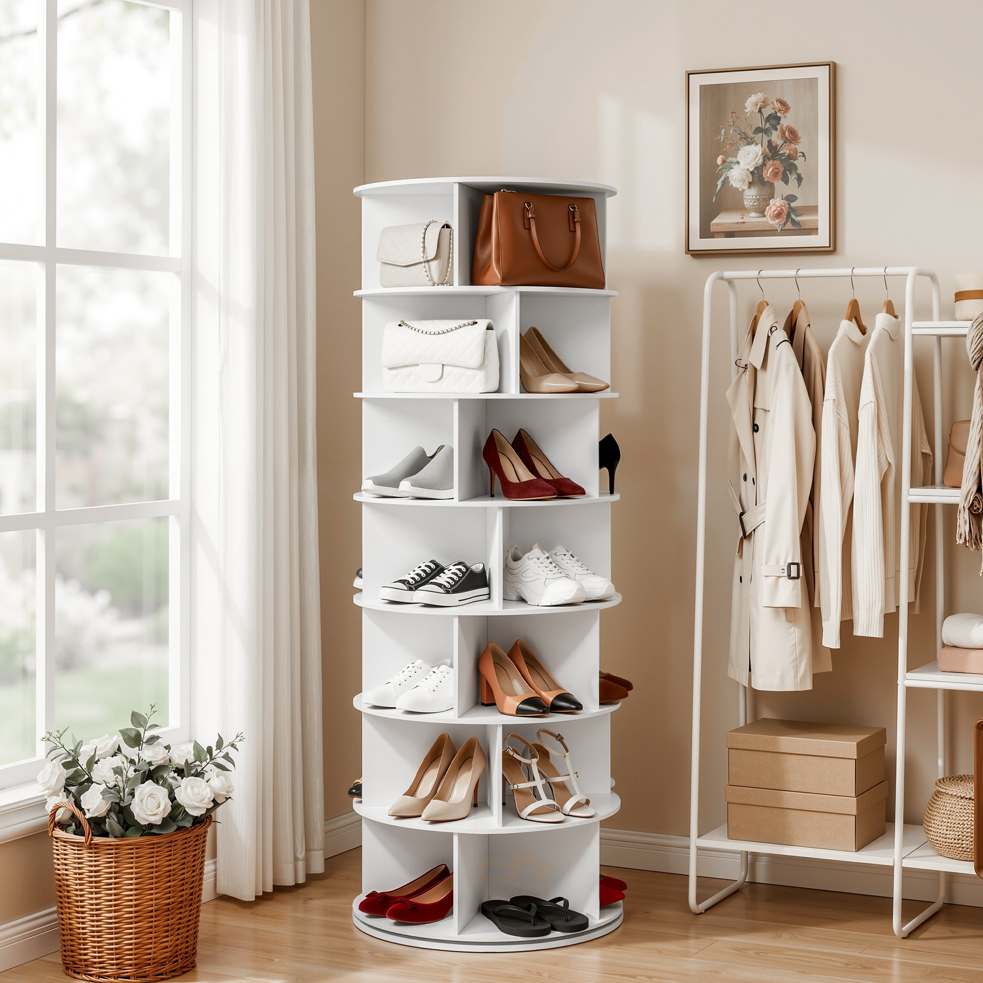 Artiss 7 Tier 360 degrees Rotating Shoe Rack Storage Display Shelf White DIY-SHOE-ROT01-WH