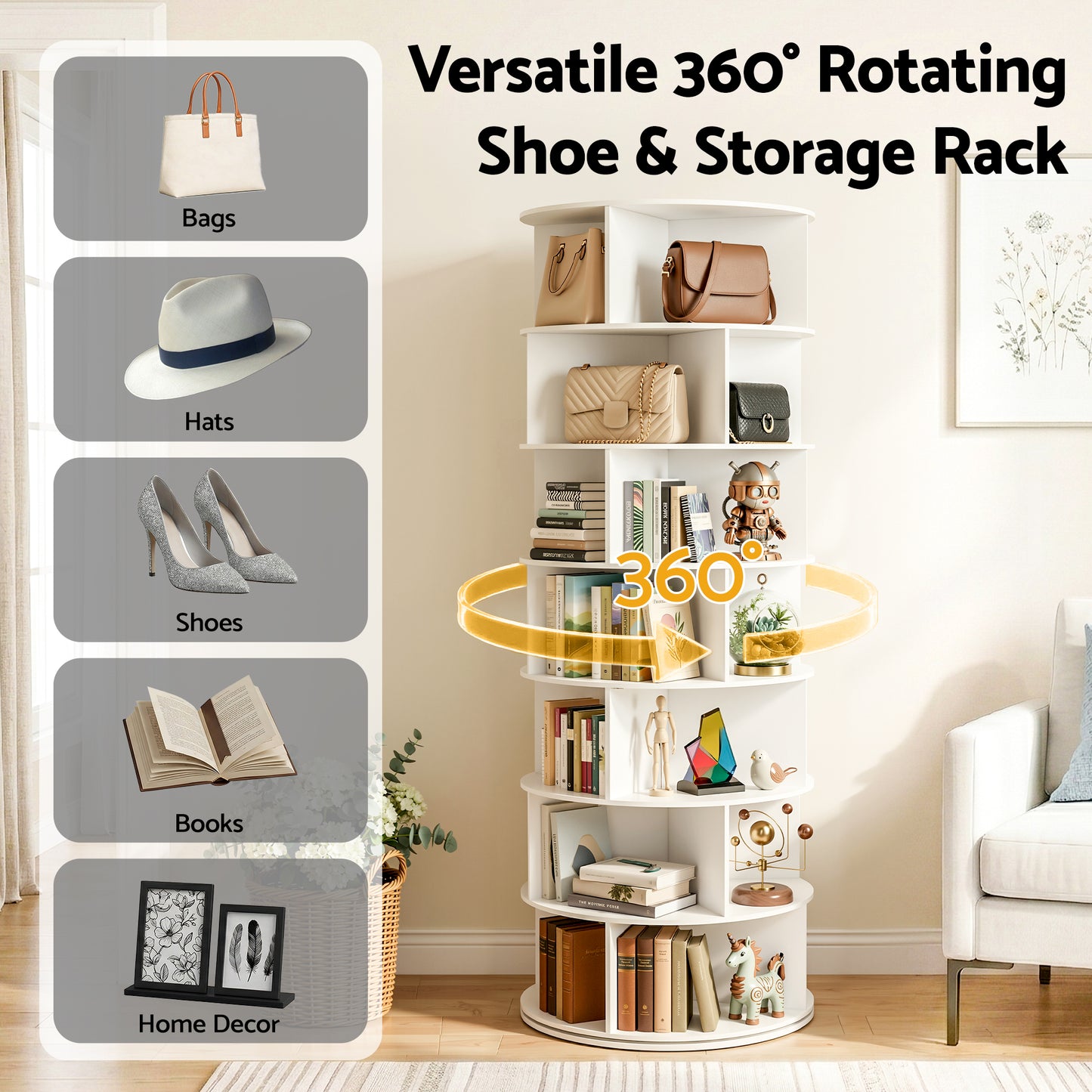 Artiss 7 Tier 360 degrees Rotating Shoe Rack Storage Display Shelf White DIY-SHOE-ROT01-WH