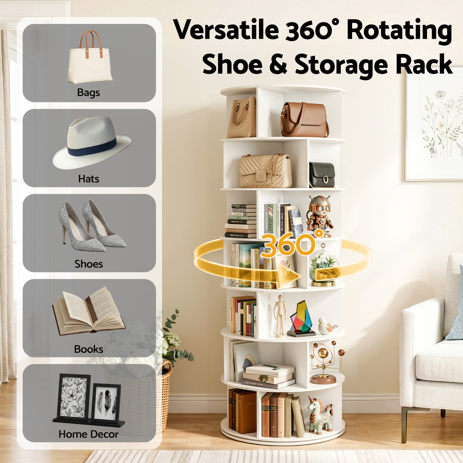 Artiss 7 Tier 360 degrees Rotating Shoe Rack Storage Display Shelf White DIY-SHOE-ROT01-WH