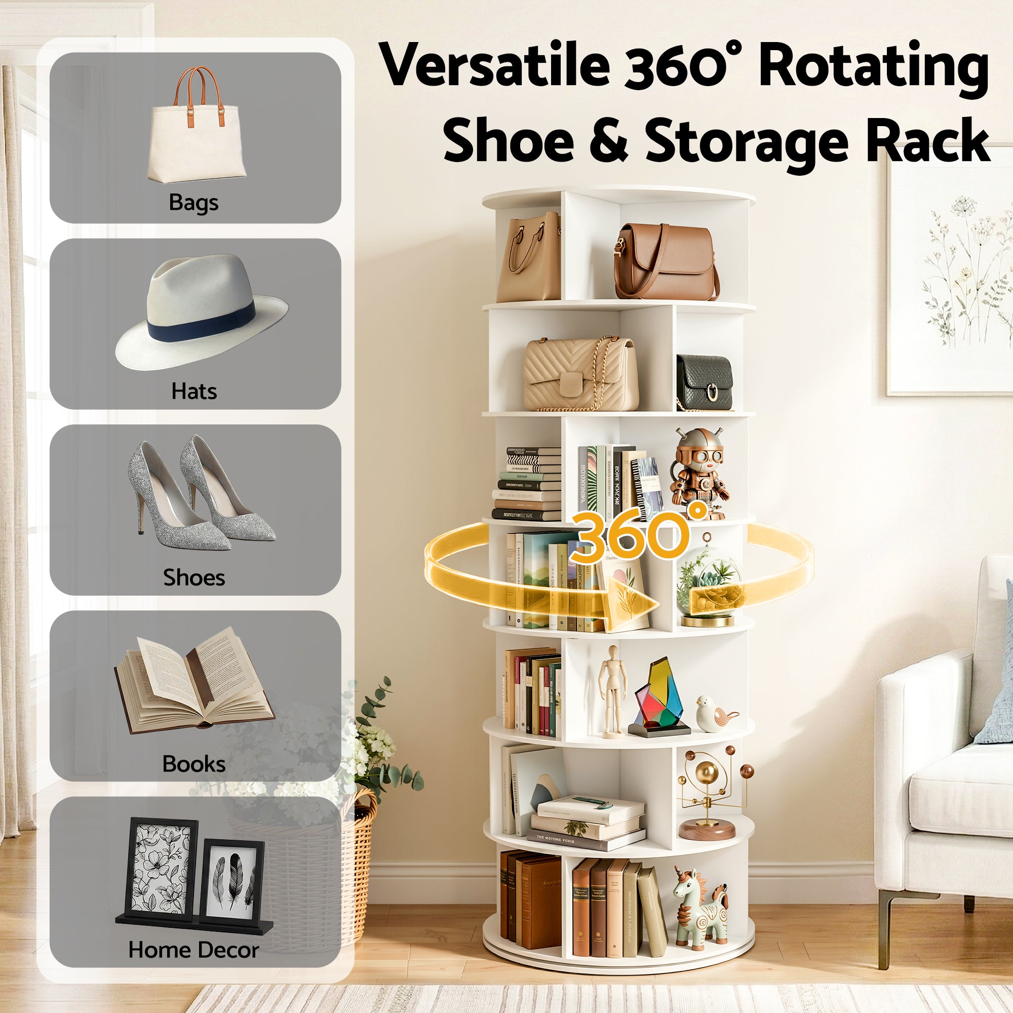 Artiss 7 Tier 360 degrees Rotating Shoe Rack Storage Display Shelf White DIY-SHOE-ROT01-WH