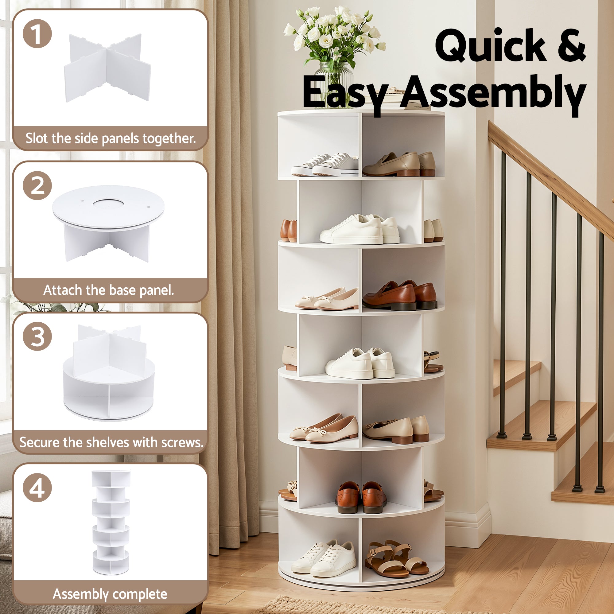 Artiss 7 Tier 360 degrees Rotating Shoe Rack Storage Display Shelf White DIY-SHOE-ROT01-WH