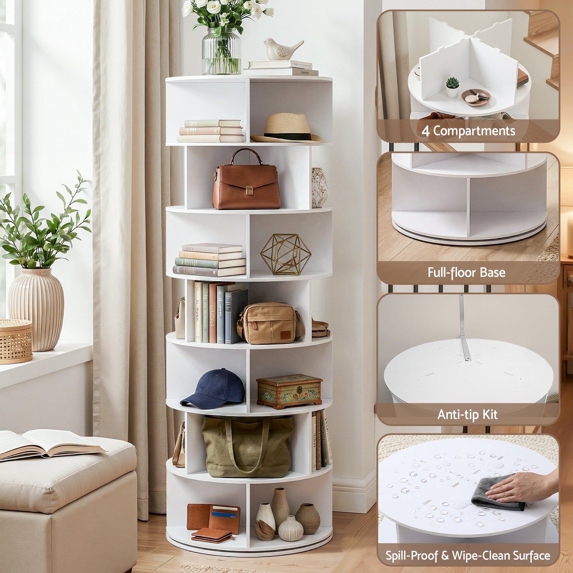 Artiss 7 Tier 360 degrees Rotating Shoe Rack Storage Display Shelf White DIY-SHOE-ROT01-WH