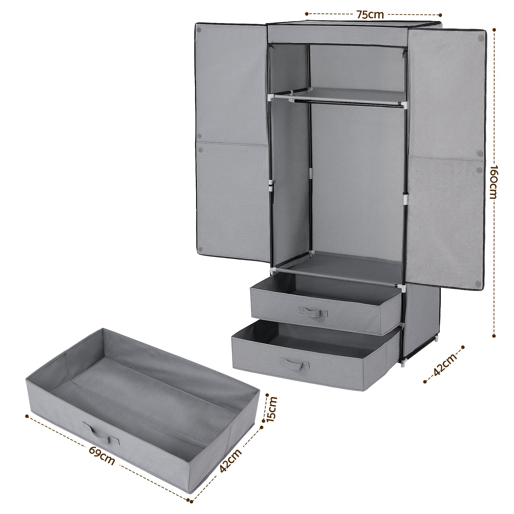 Artiss Large Portable Clothes Closet Wardrobe with Magnetic Door Grey DIY-WR01-160-GY