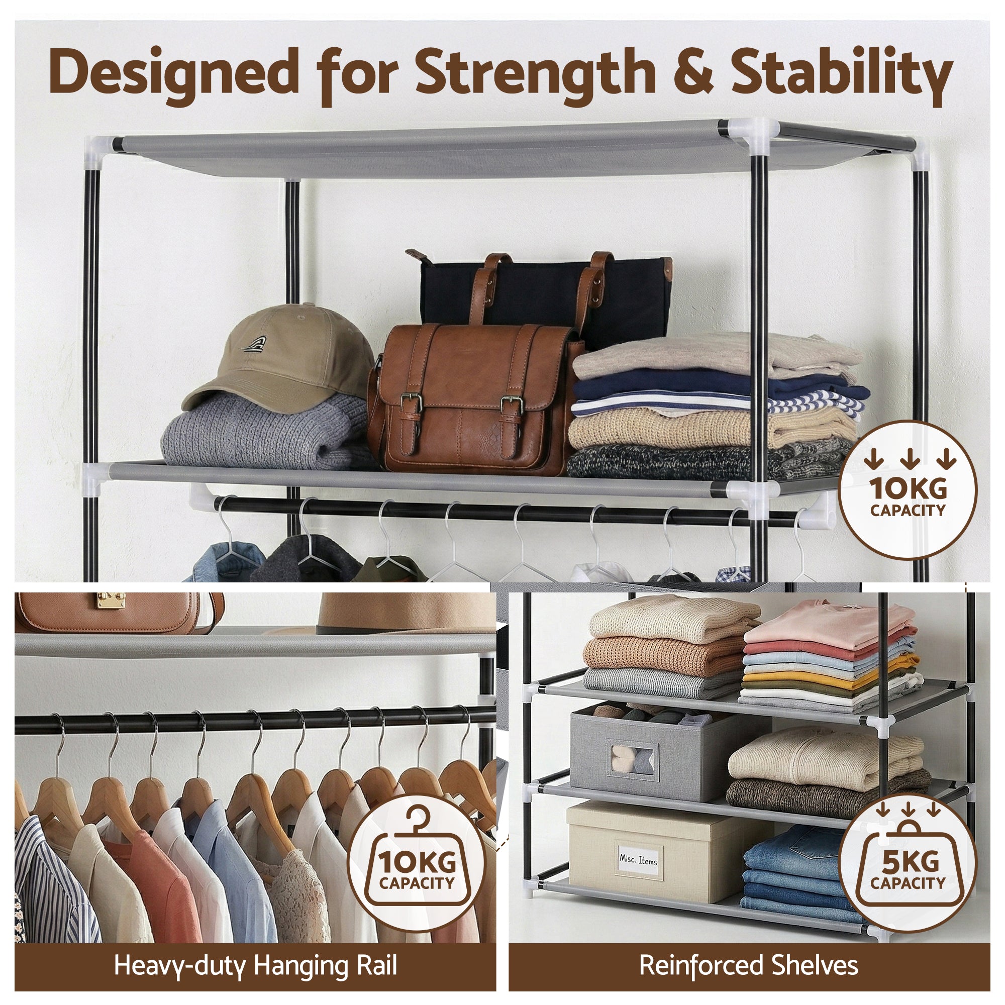 Artiss Large Portable Clothes Closet Wardrobe with Magnetic Door Grey DIY-WR01-160-GY