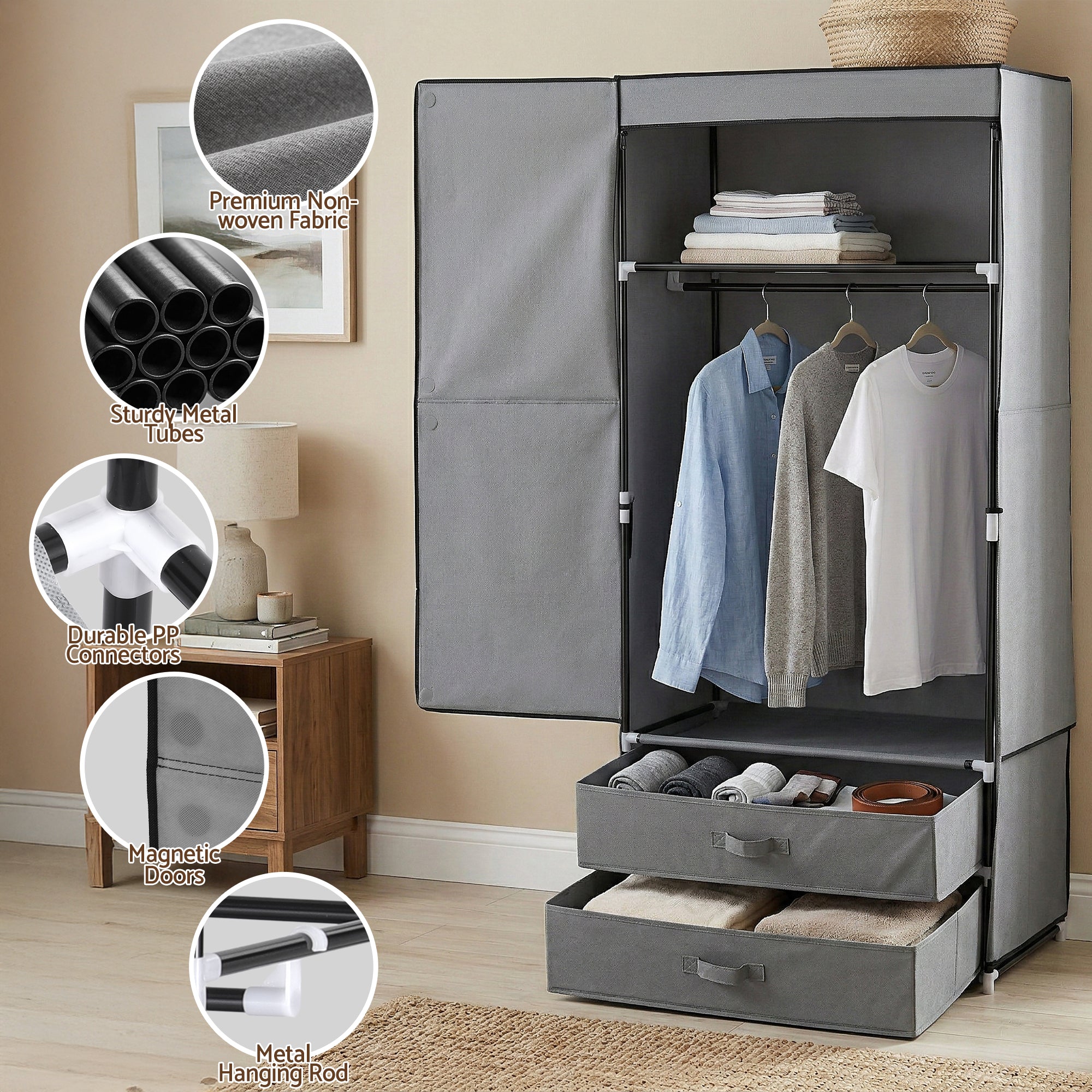Artiss Large Portable Clothes Closet Wardrobe with Magnetic Door Grey DIY-WR01-160-GY