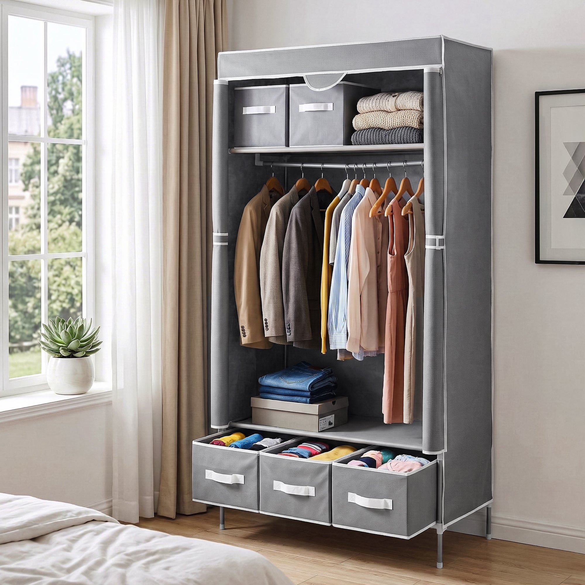 Artiss Large Portable Clothes Closet Wardrobe with Tiebacks Grey DIY-WR03-170-GY