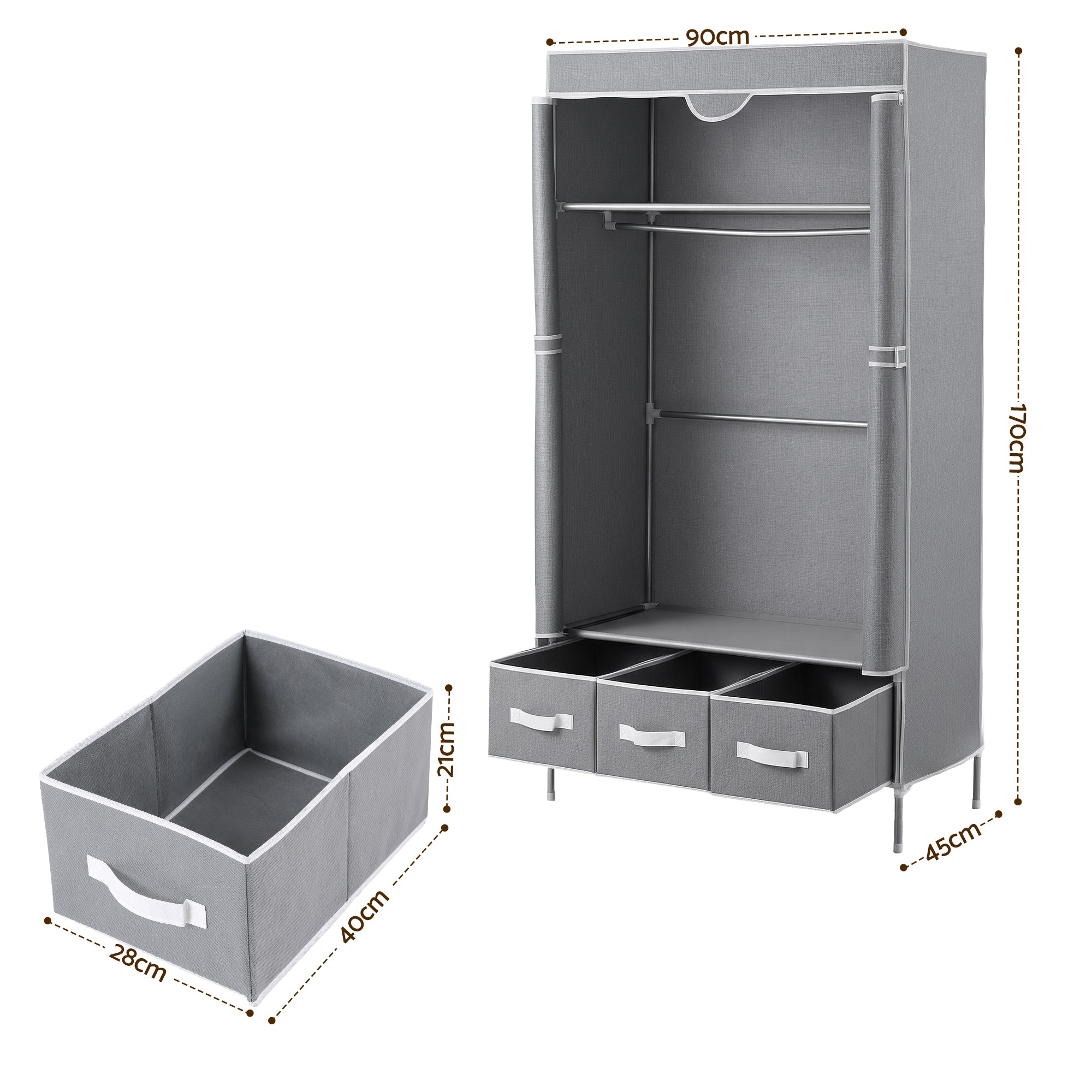 Artiss Large Portable Clothes Closet Wardrobe with Tiebacks Grey DIY-WR03-170-GY