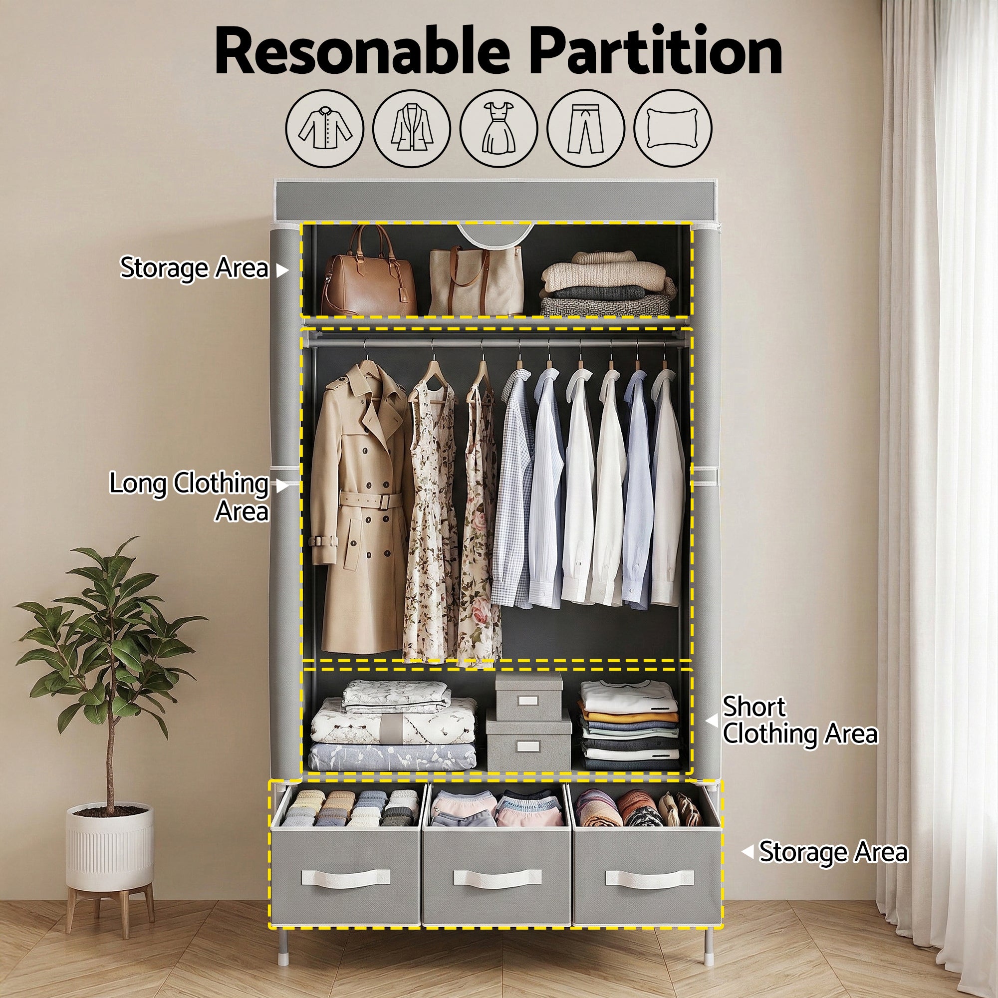 Artiss Large Portable Clothes Closet Wardrobe with Tiebacks Grey DIY-WR03-170-GY