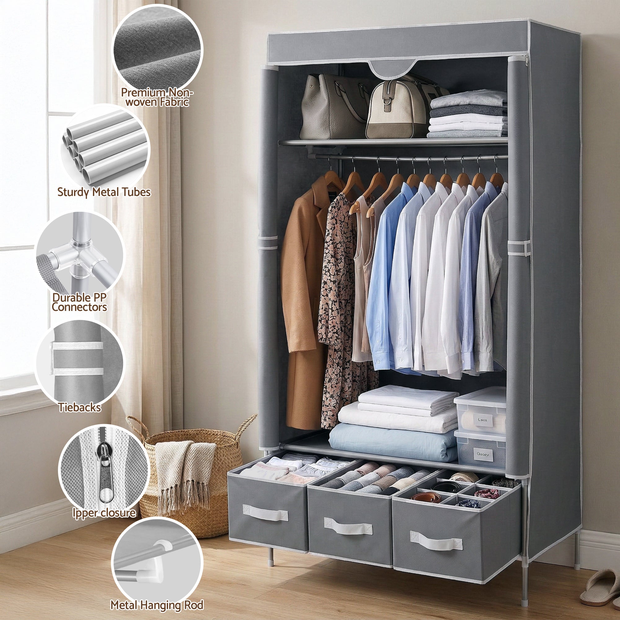 Artiss Large Portable Clothes Closet Wardrobe with Tiebacks Grey DIY-WR03-170-GY