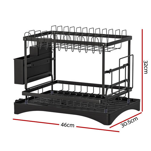 Cefito Dish Rack Expandable Drying Drainer Cutlery Holder Tray Kitchen 2 Tiers DR-D-02-BK