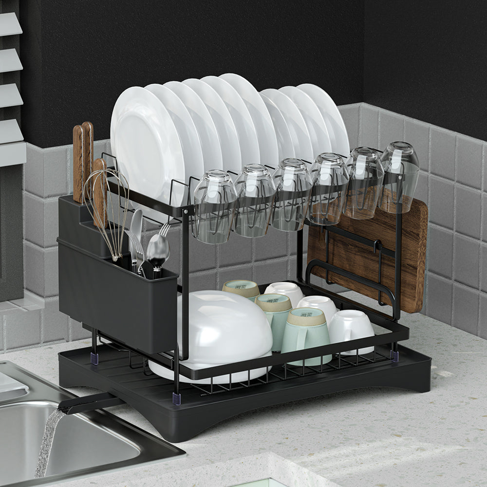 Cefito Dish Rack Expandable Drying Drainer Cutlery Holder Tray Kitchen 2 Tiers DR-D-02-BK