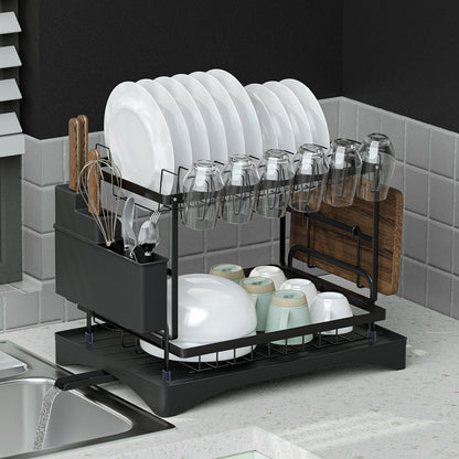 Cefito Dish Rack Expandable Drying Drainer Cutlery Holder Tray Kitchen 2 Tiers DR-D-02-BK