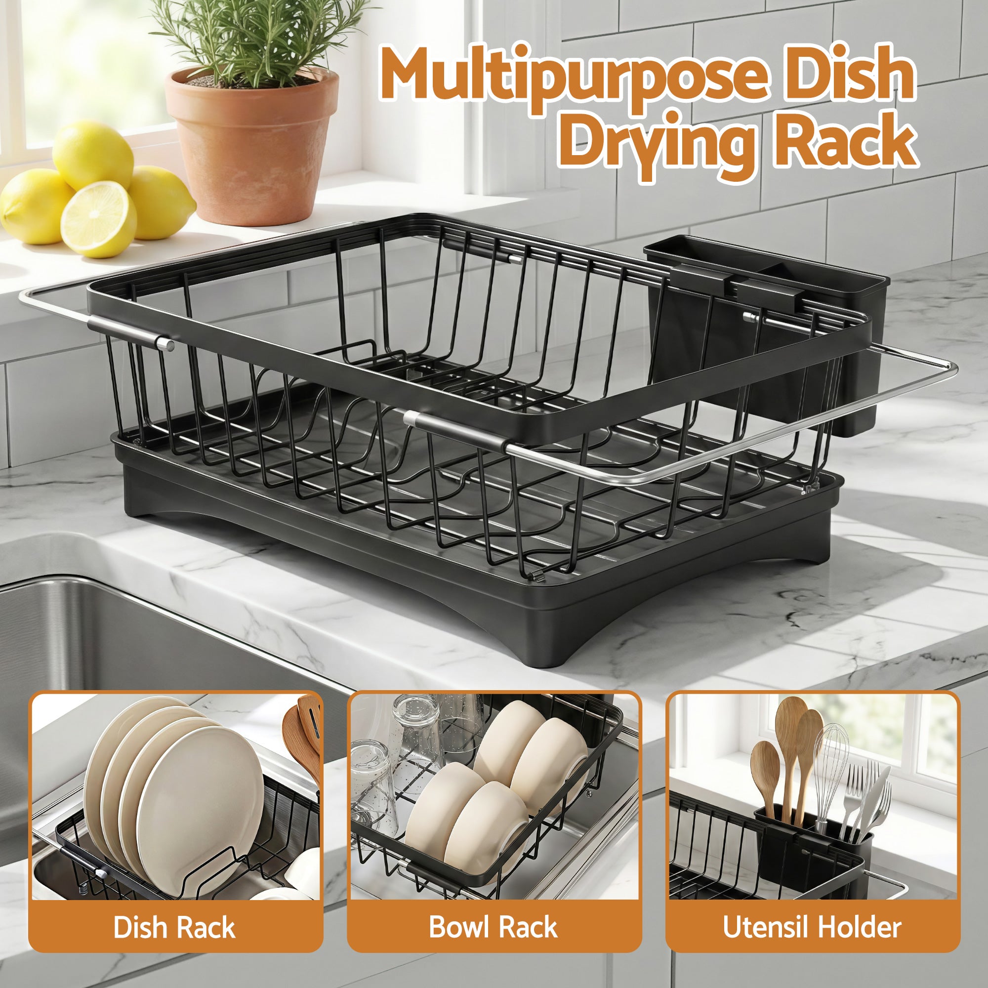 Cefito Dish Drying Rack for Kitchen Storage Organisation Kitchen Sink Organiser Dish Drainer DR-E-04-BK