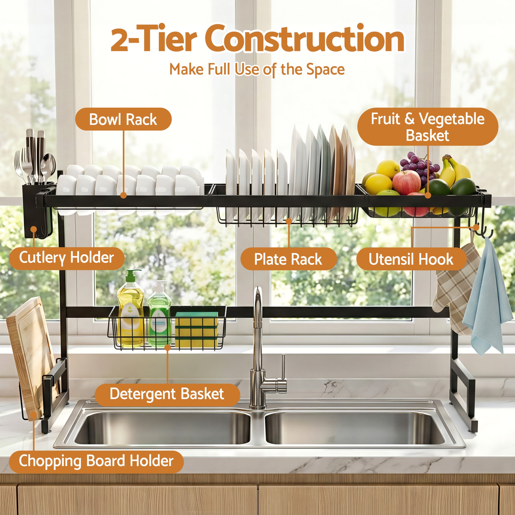 Cefito Dish Drying Rack for Kitchen Storage Organisation Kitchen Sink Organiser Dish Drainer DR-E-OVER-85-BK