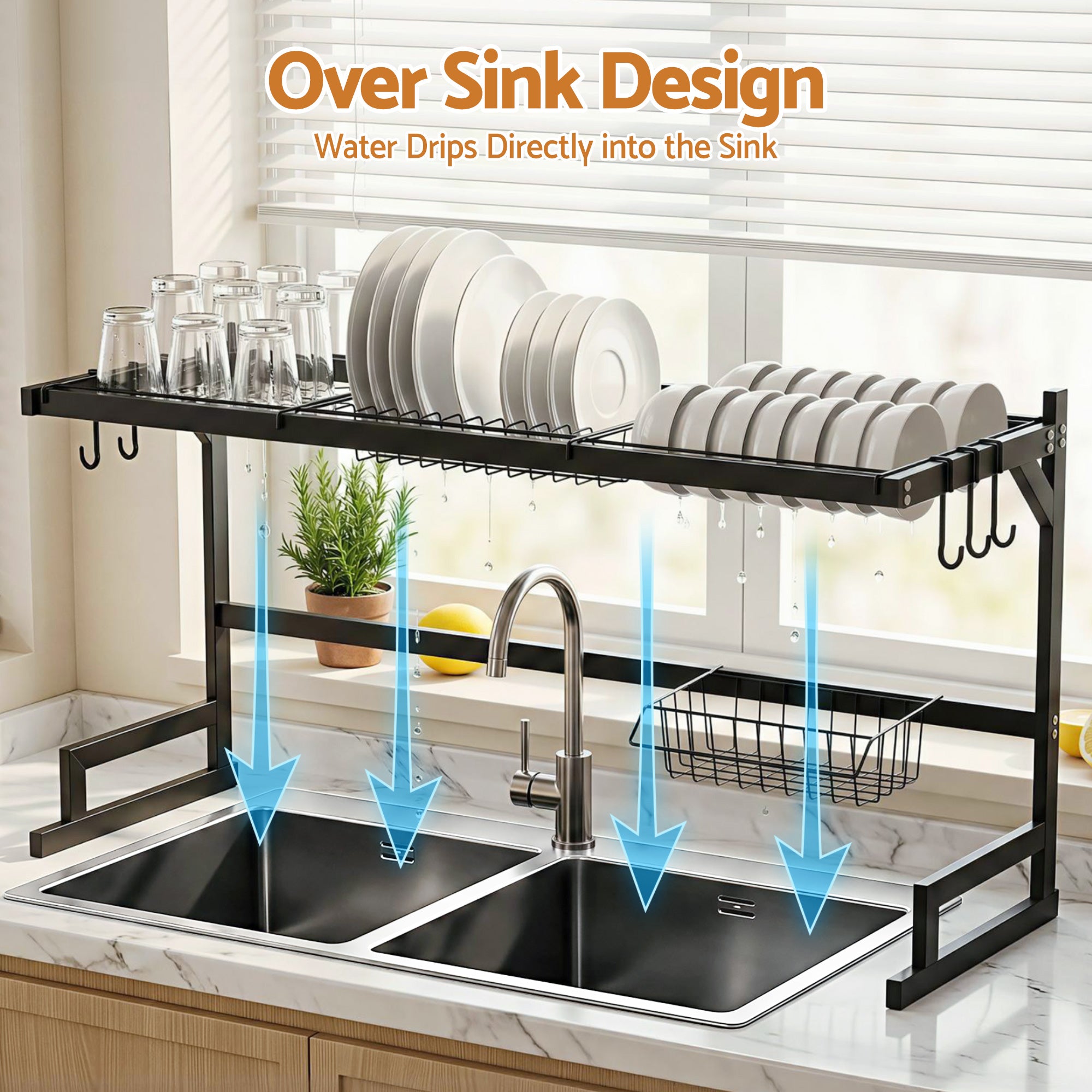 Cefito Dish Drying Rack for Kitchen Storage Organisation Kitchen Sink Organiser Dish Drainer DR-E-OVER-85-BK