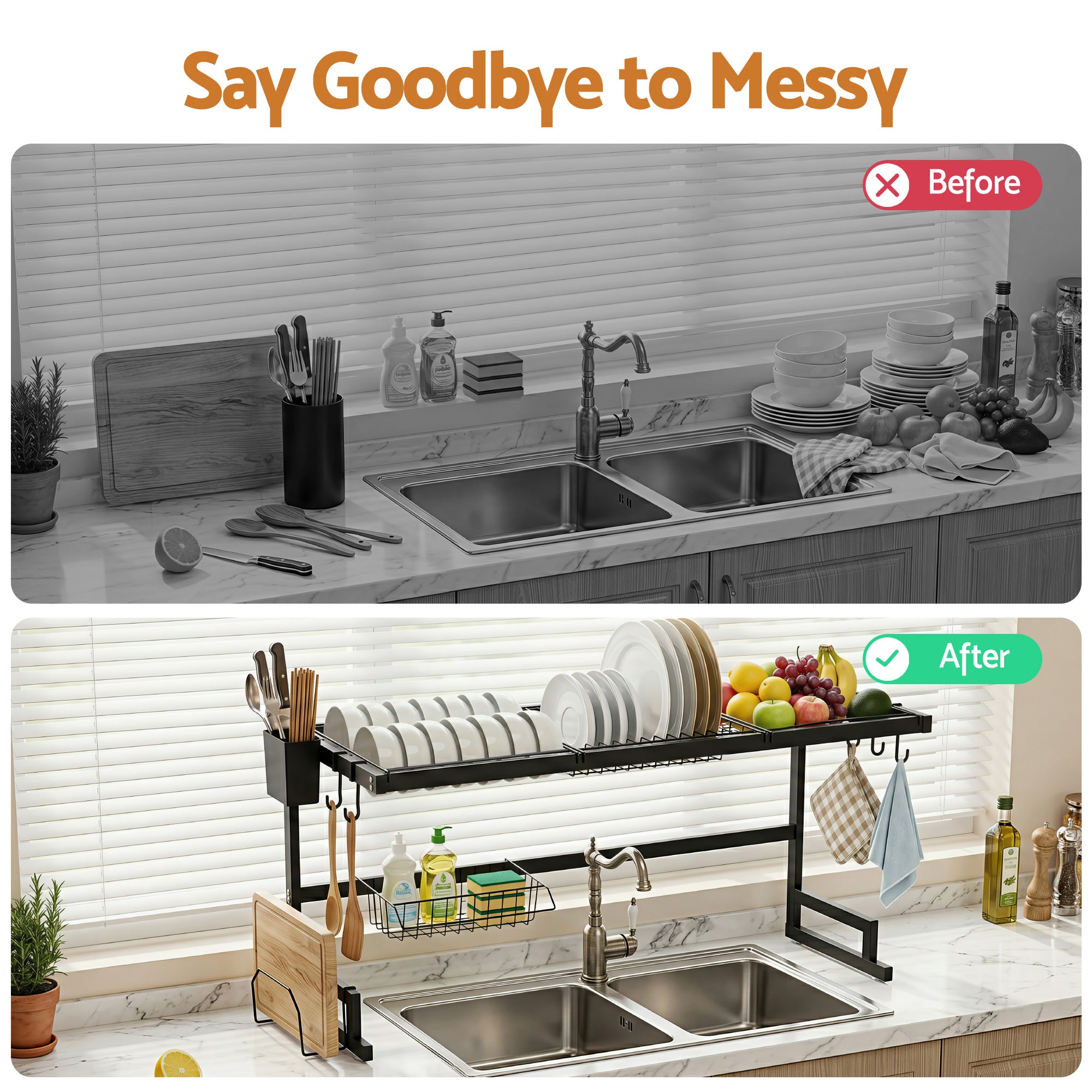 Cefito Dish Drying Rack for Kitchen Storage Organisation Kitchen Sink Organiser Dish Drainer DR-E-OVER-85-BK