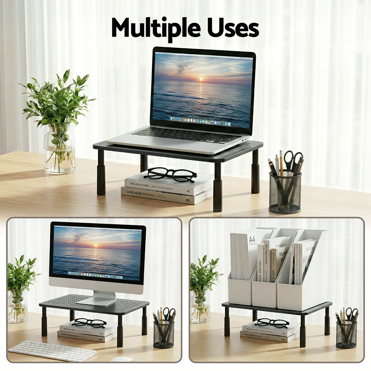 Artiss Monitor Stand Adjustable Riser For Computer Monitor And Laptop 3 Height Desk Organizer Black DR-STB-086