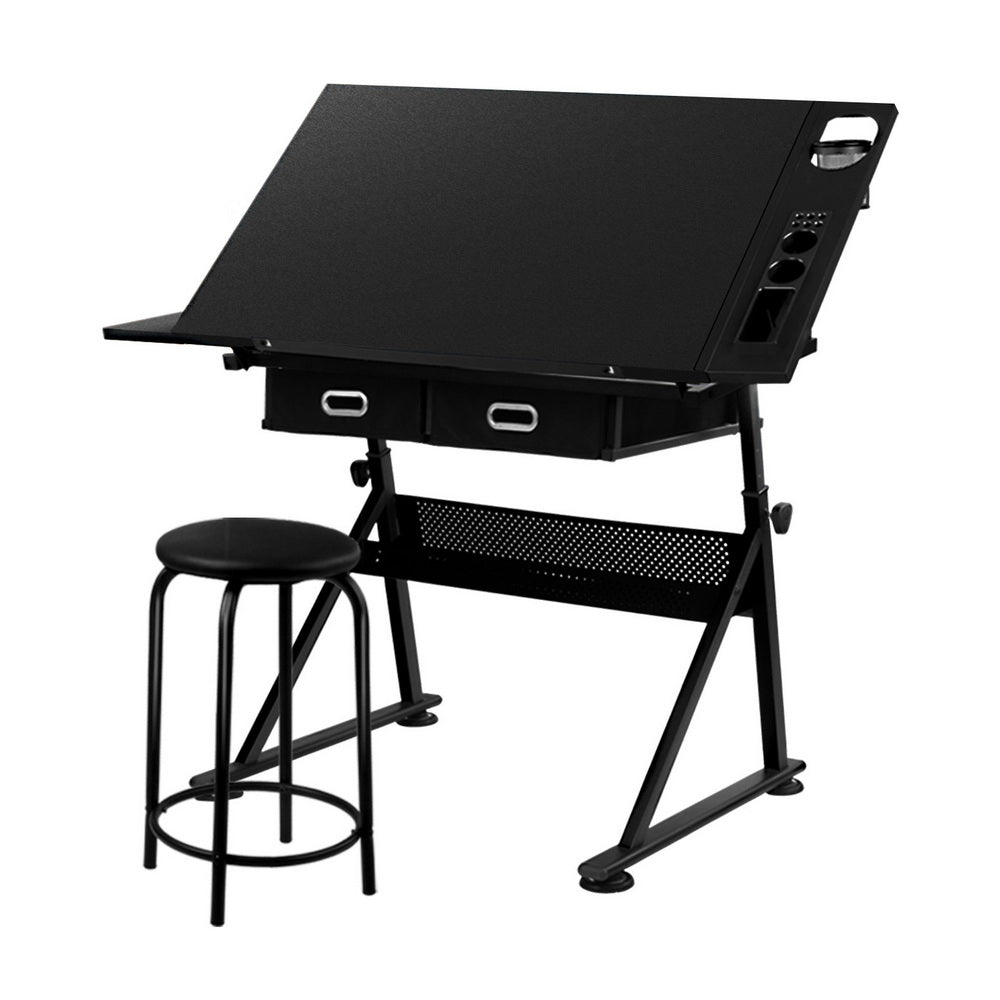 Artiss Drawing Desk Stool Set Drafting Table Adjustable Angle Tilt Drawers Black DRAW-DESK-ST19-BK