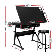 Artiss Drawing Desk Stool Set Drafting Table Adjustable Angle Tilt Drawers Black DRAW-DESK-ST19-BK