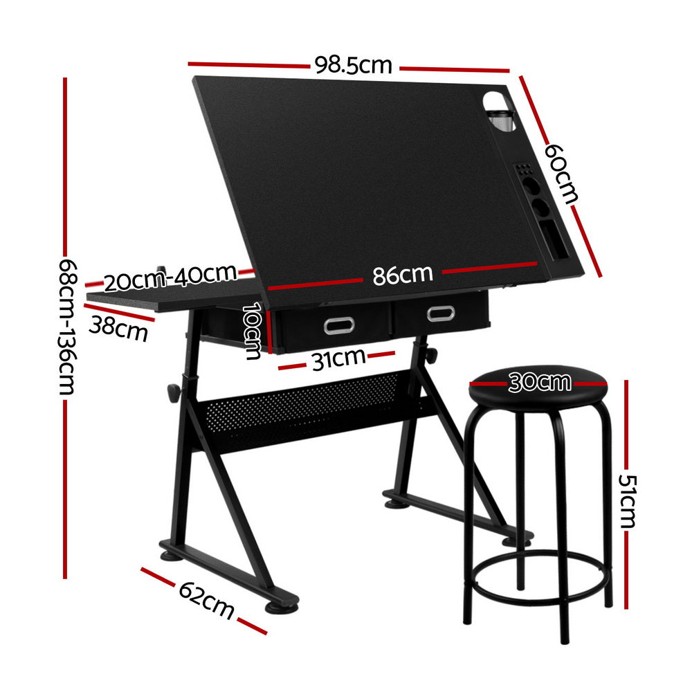 Artiss Drawing Desk Stool Set Drafting Table Adjustable Angle Tilt Drawers Black DRAW-DESK-ST19-BK