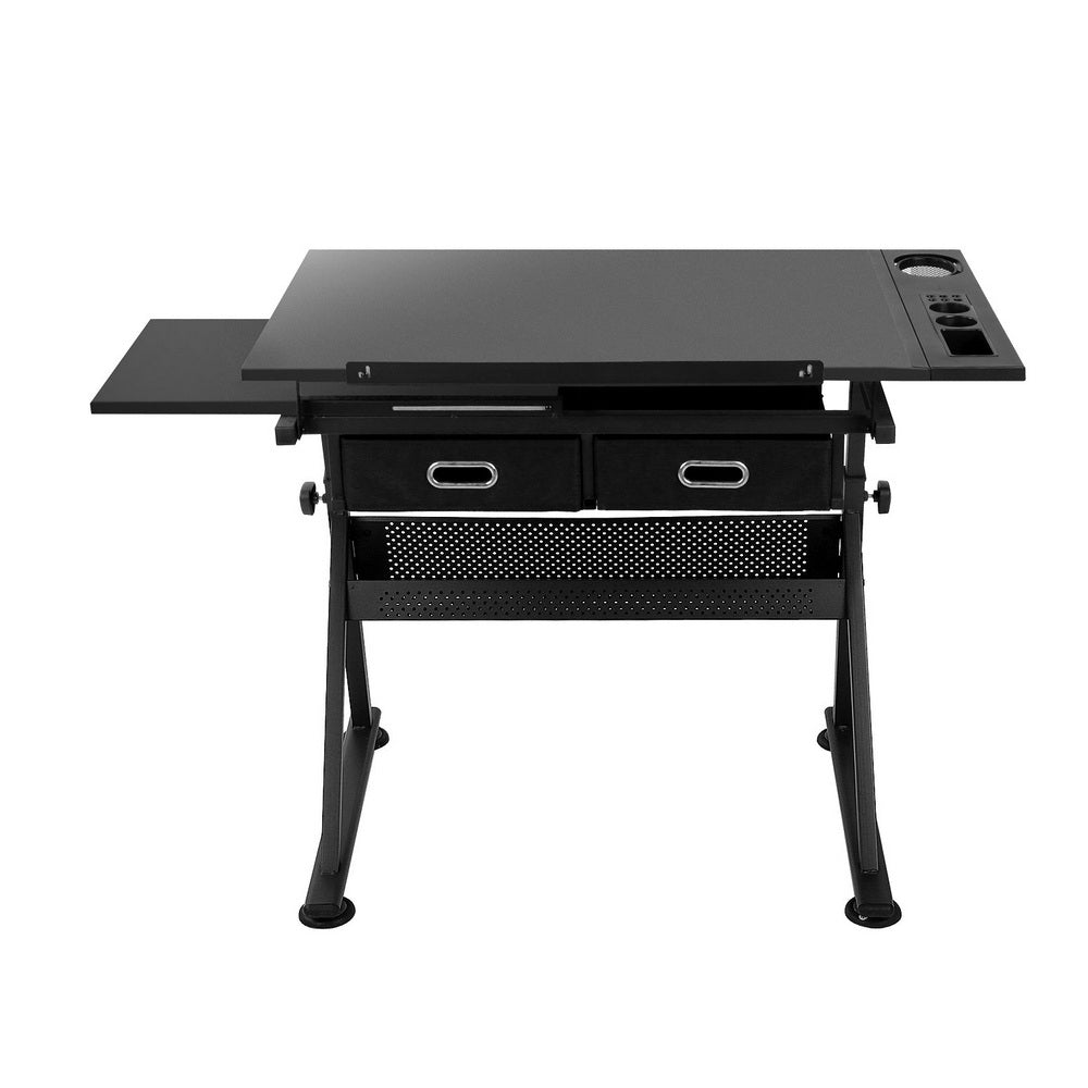 Artiss Drawing Desk Stool Set Drafting Table Adjustable Angle Tilt Drawers Black DRAW-DESK-ST19-BK