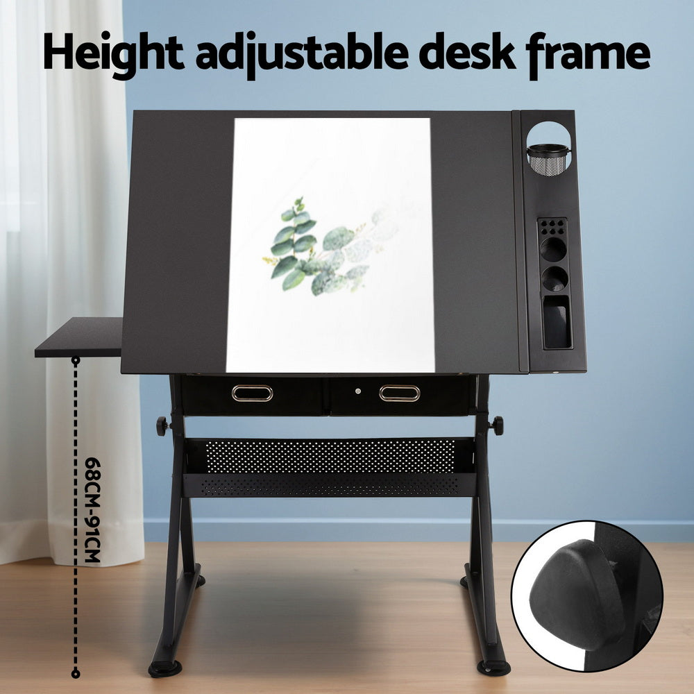 Artiss Drawing Desk Stool Set Drafting Table Adjustable Angle Tilt Drawers Black DRAW-DESK-ST19-BK
