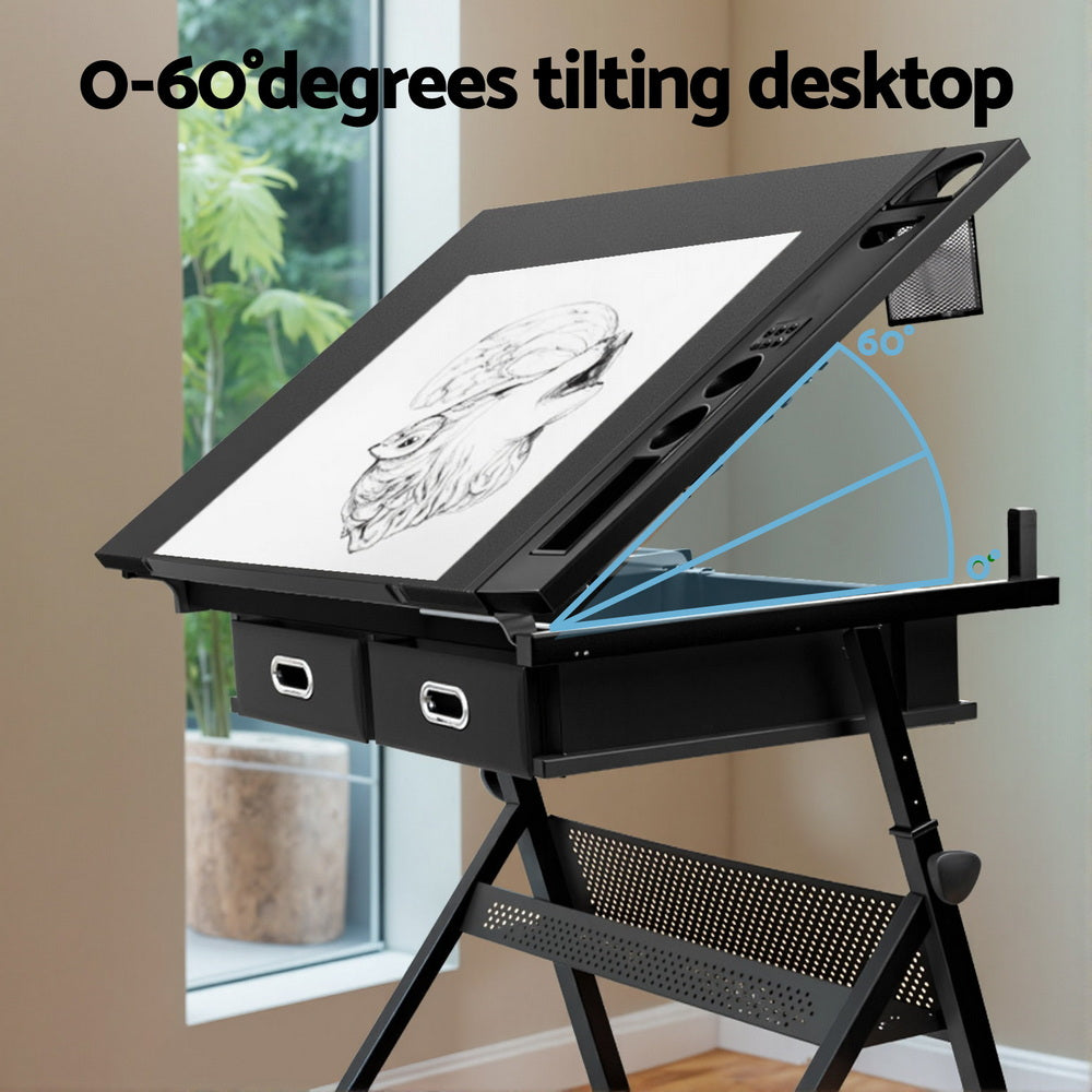 Artiss Drawing Desk Stool Set Drafting Table Adjustable Angle Tilt Drawers Black DRAW-DESK-ST19-BK
