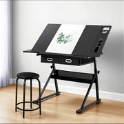 Artiss Drawing Desk Stool Set Drafting Table Adjustable Angle Tilt Drawers Black DRAW-DESK-ST19-BK