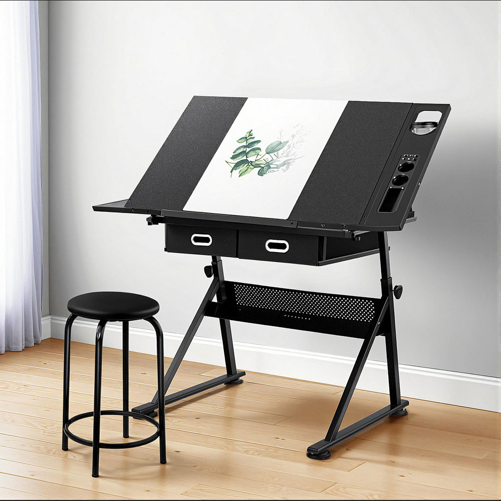 Artiss Drawing Desk Stool Set Drafting Table Adjustable Angle Tilt Drawers Black DRAW-DESK-ST19-BK