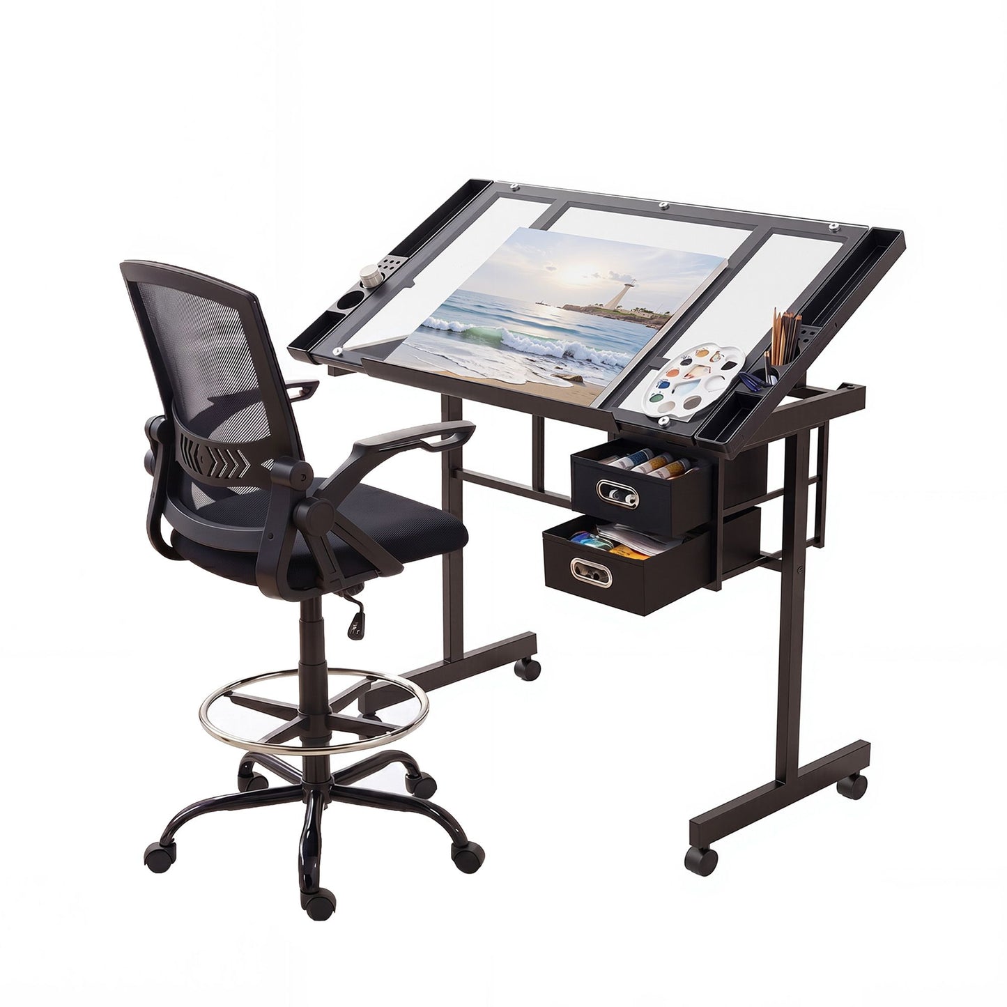 Artiss Drawing Table with Ergonomic Office Chair, Drafting Tables with Tempered Glass Desktop, Removable DRAW-DESK03-SI-RING-2003