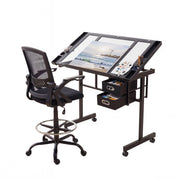 Artiss Drawing Table with Ergonomic Office Chair, Drafting Tables with Tempered Glass Desktop, Removable DRAW-DESK03-SI-RING-2003