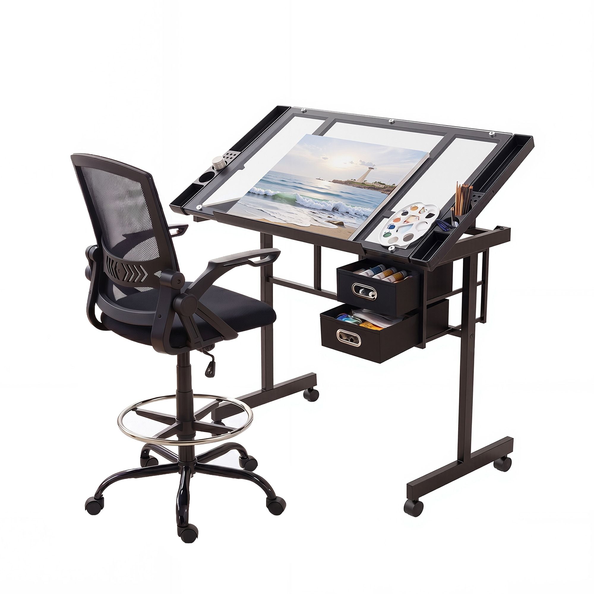 Artiss Drawing Table with Ergonomic Office Chair, Drafting Tables with Tempered Glass Desktop, Removable DRAW-DESK03-SI-RING-2003