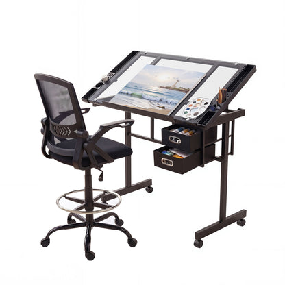 Artiss Drawing Table with Ergonomic Office Chair, Drafting Tables with Tempered Glass Desktop, Removable DRAW-DESK03-SI-RING-2003