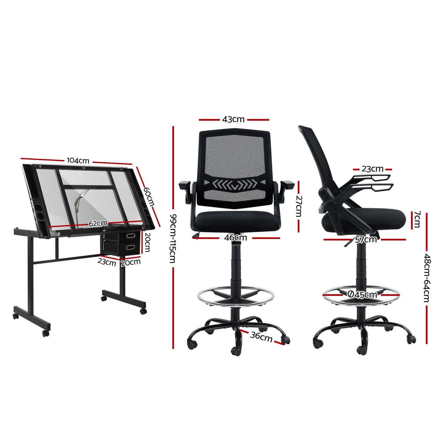 Artiss Drawing Table with Ergonomic Office Chair, Drafting Tables with Tempered Glass Desktop, Removable DRAW-DESK03-SI-RING-2003