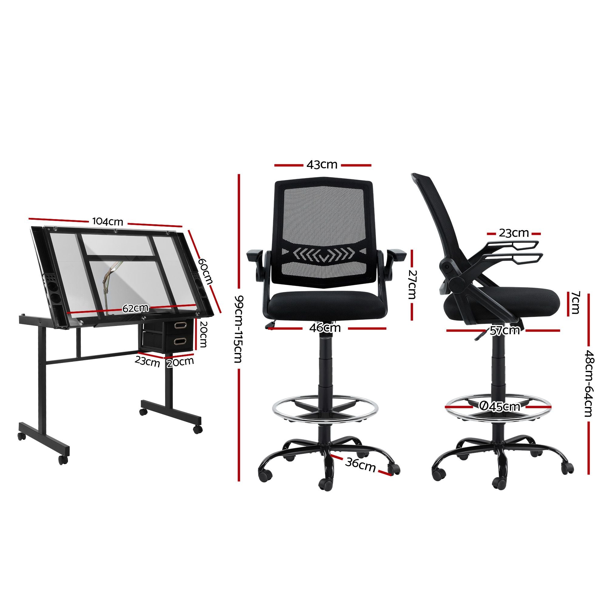 Artiss Drawing Table with Ergonomic Office Chair, Drafting Tables with Tempered Glass Desktop, Removable DRAW-DESK03-SI-RING-2003