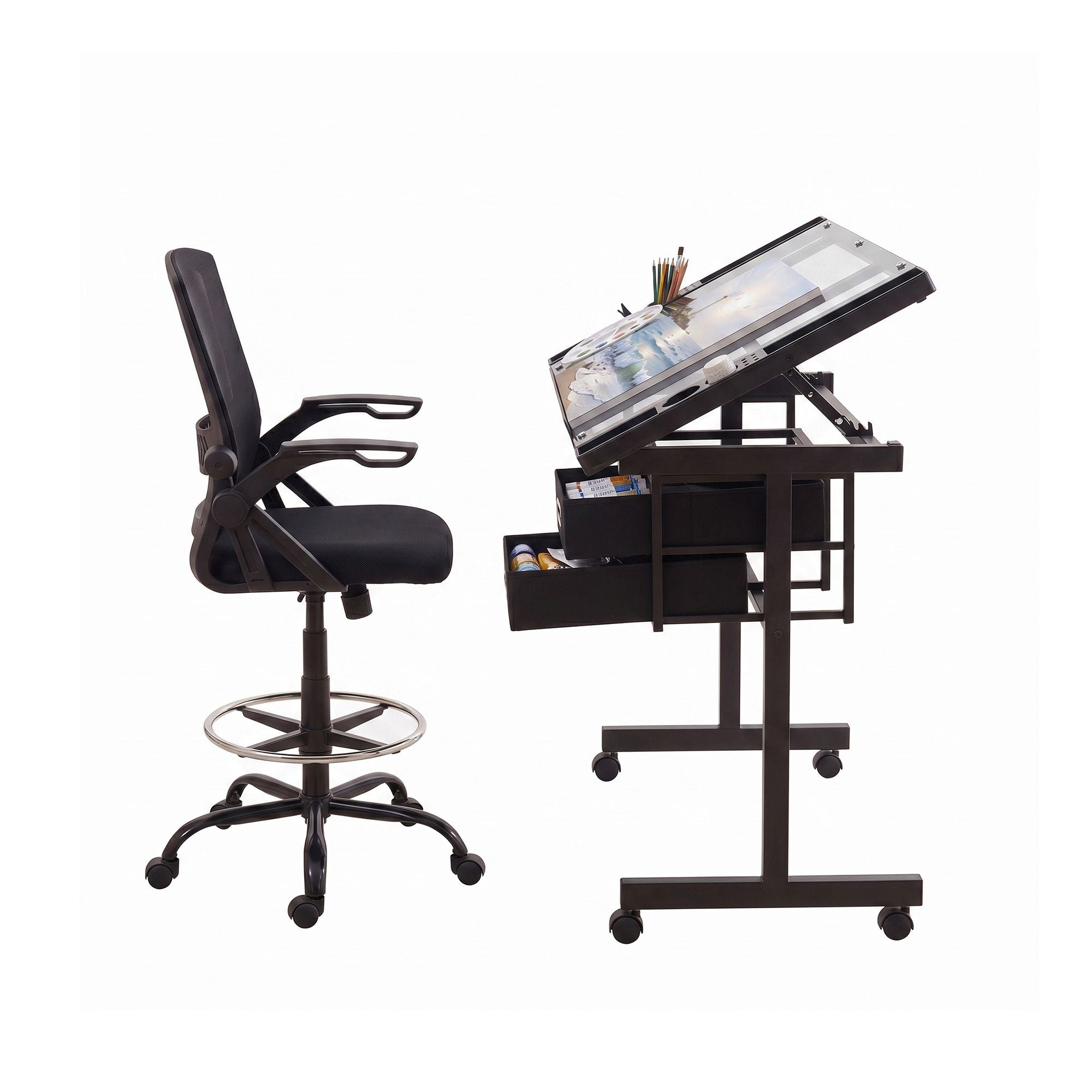 Artiss Drawing Table with Ergonomic Office Chair, Drafting Tables with Tempered Glass Desktop, Removable DRAW-DESK03-SI-RING-2003