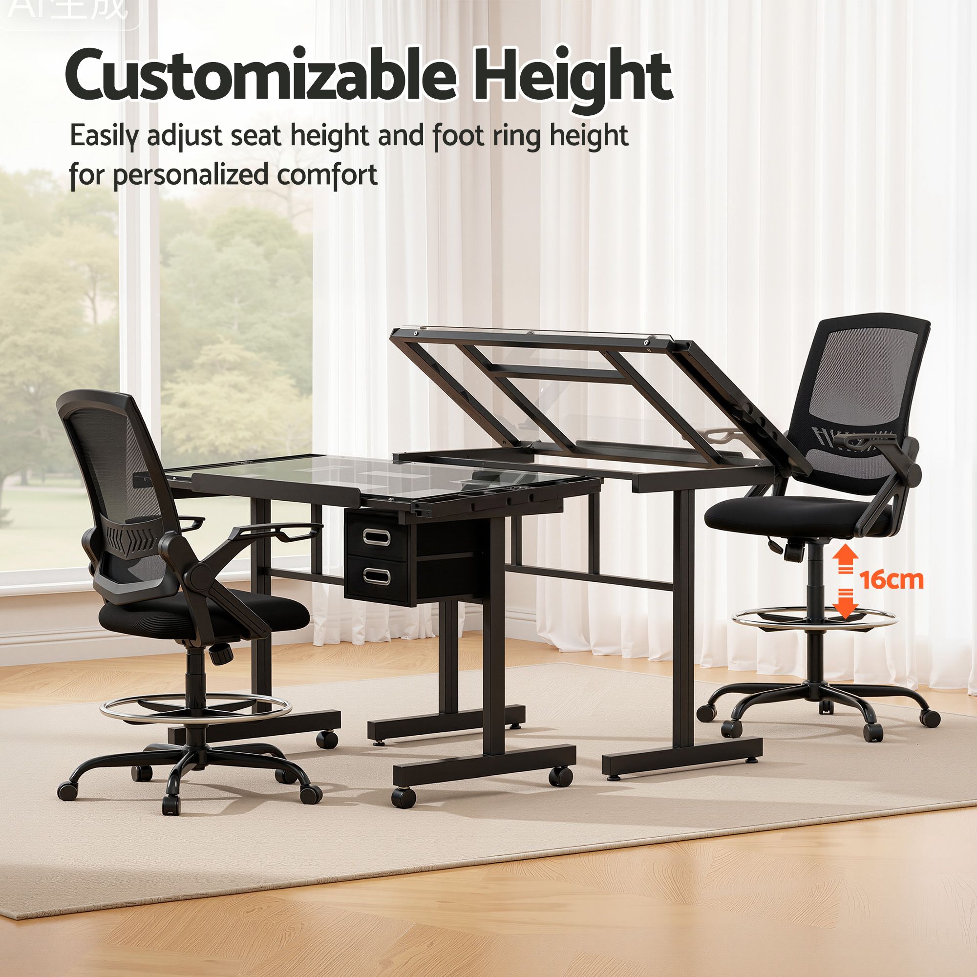 Artiss Drawing Table with Ergonomic Office Chair, Drafting Tables with Tempered Glass Desktop, Removable DRAW-DESK03-SI-RING-2003