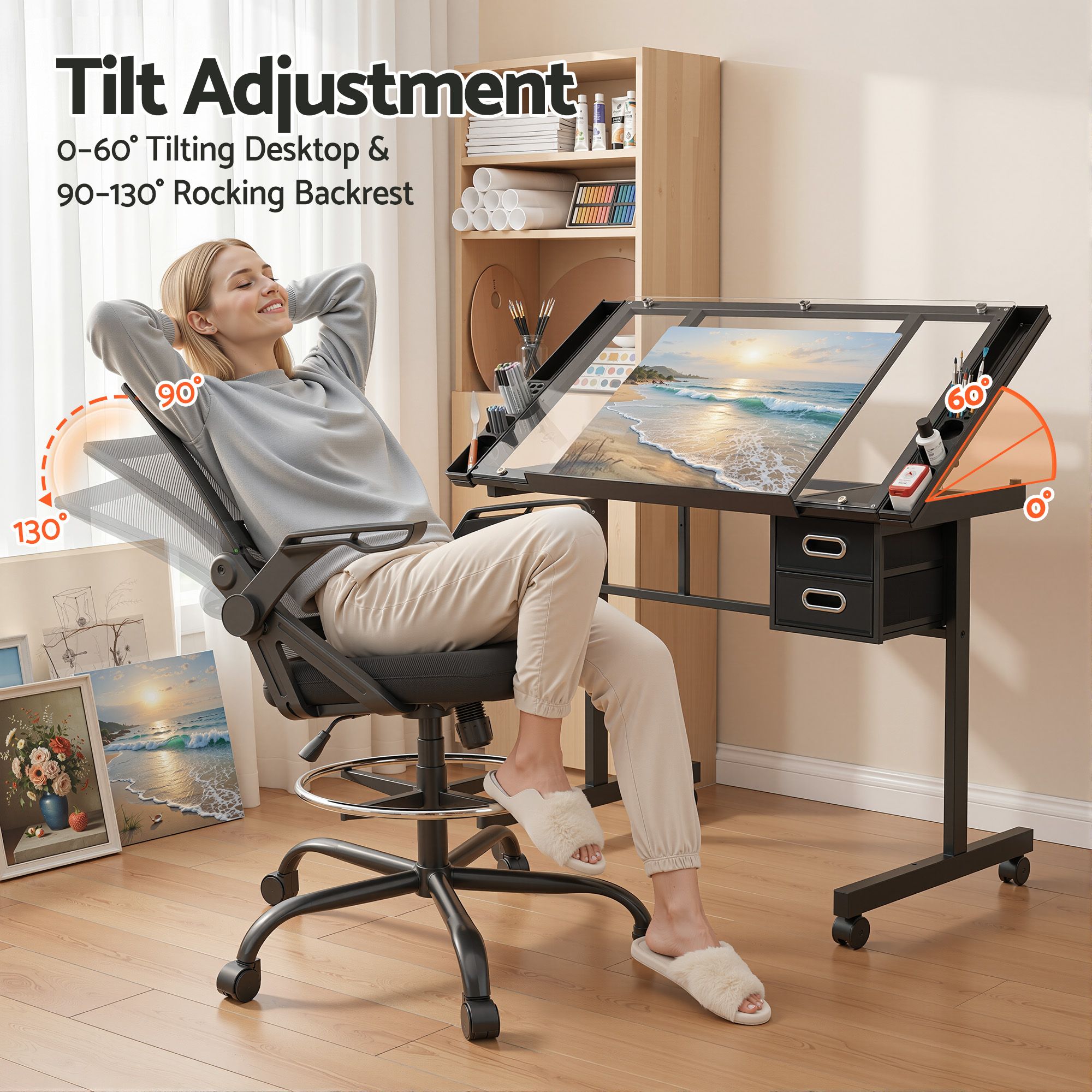 Artiss Drawing Table with Ergonomic Office Chair, Drafting Tables with Tempered Glass Desktop, Removable DRAW-DESK03-SI-RING-2003