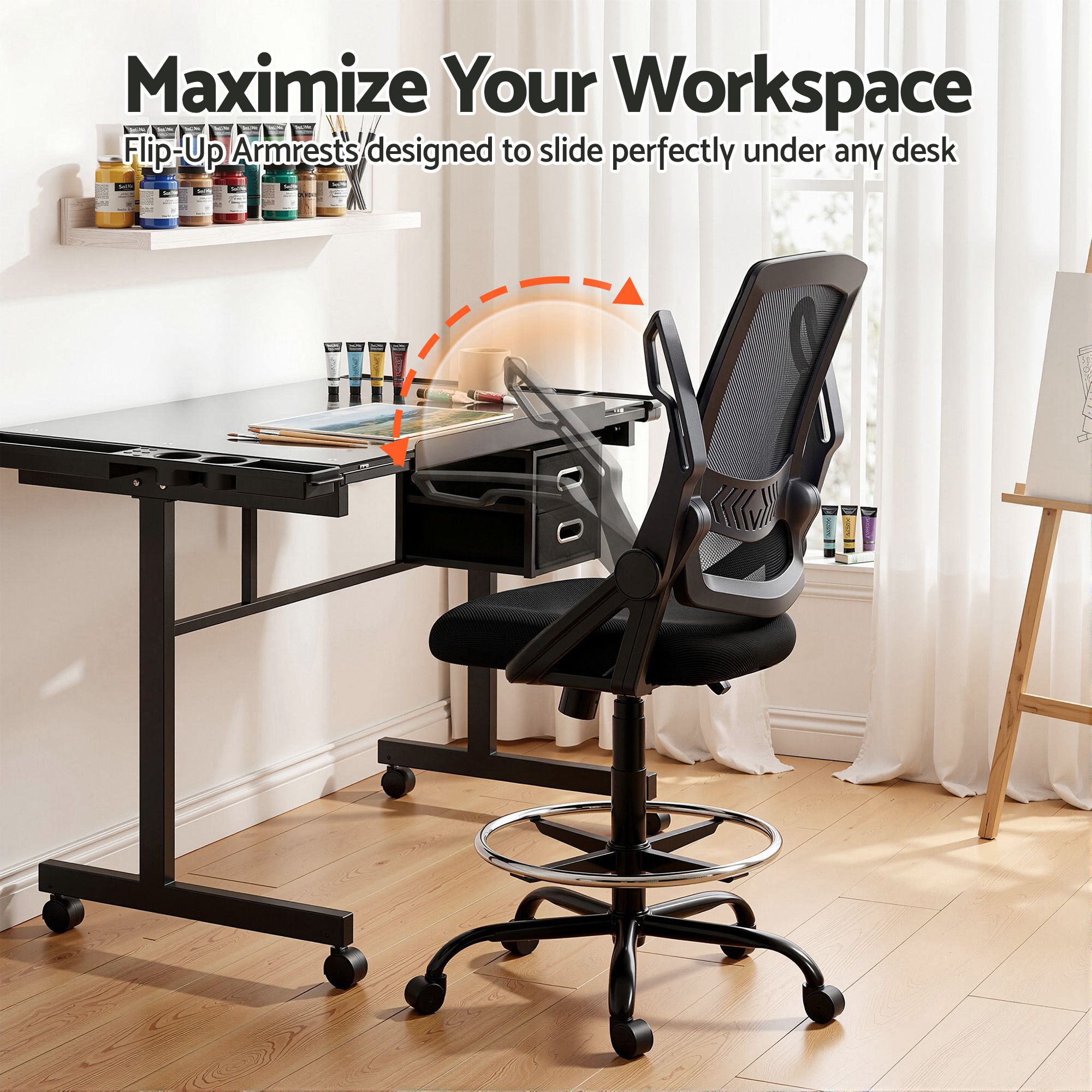 Artiss Drawing Table with Ergonomic Office Chair, Drafting Tables with Tempered Glass Desktop, Removable DRAW-DESK03-SI-RING-2003