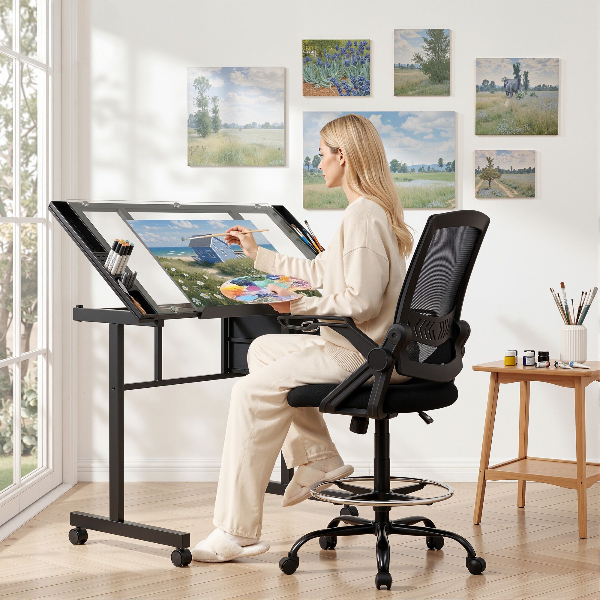 Artiss Drawing Table with Ergonomic Office Chair, Drafting Tables with Tempered Glass Desktop, Removable DRAW-DESK03-SI-RING-2003