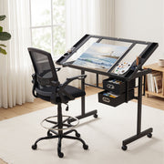 Artiss Drawing Table with Ergonomic Office Chair, Drafting Tables with Tempered Glass Desktop, Removable DRAW-DESK03-SI-RING-2003
